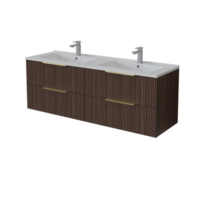 1500mm Edina Fluted Wall Hung Vanity PVC Single/Double Bowl - Cabinet Only - Walnut