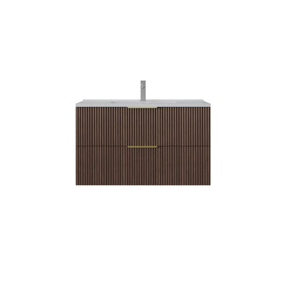 900mm Edina Fluted Wall Hung Cabinet PVC - Cabinet Only - Walnut