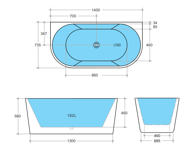 1400mm Bathtub - Matte Black & Matte White