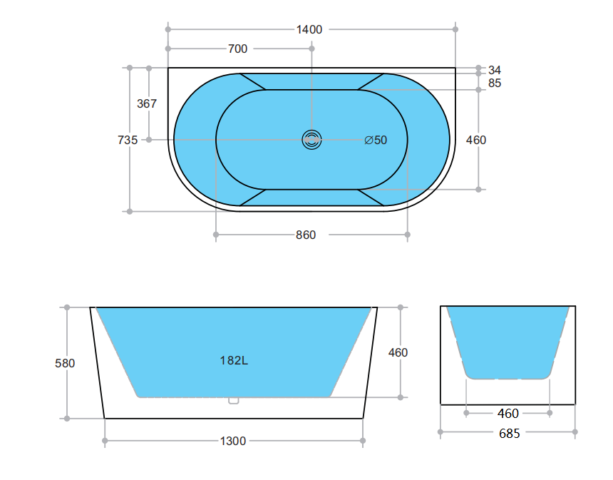 1400mm Elivia Back to Wall Bathtub - Gloss White