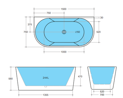 1500mm Bathtub - Matte Black & Matte White