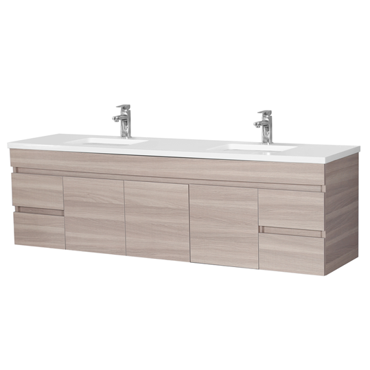 1800mm Evie Wall Hung Vanity PVC - Cabinet Only - Side Drawers / Double Bowl - Oak