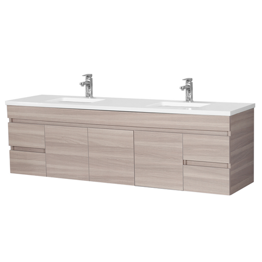 1800mm Evie Wall Hung Vanity PVC - Cabinet Only - Side Drawers / Double Bowl - Oak