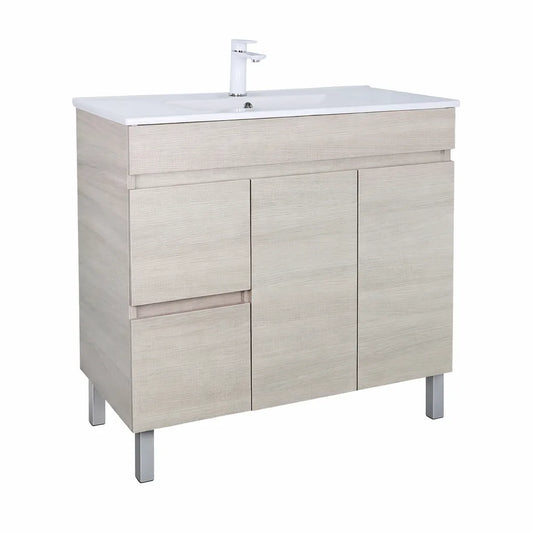 900mm Evie Slim Floor Vanity PVC Left Side Drawers - Cabinet Only - Oak