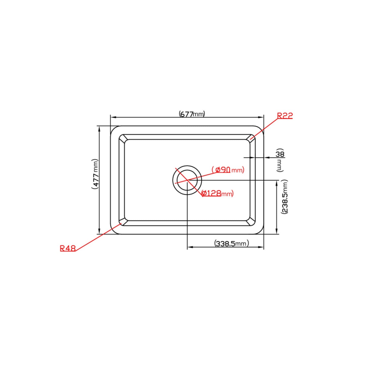 677mm Camden Fireclay Square Insert/Undermount Sink - Matte Black
