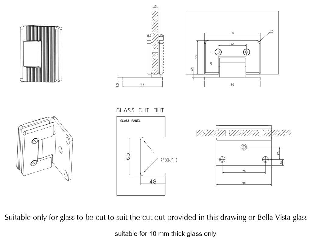 Fluted Glass to Wall Hinge - BLACK