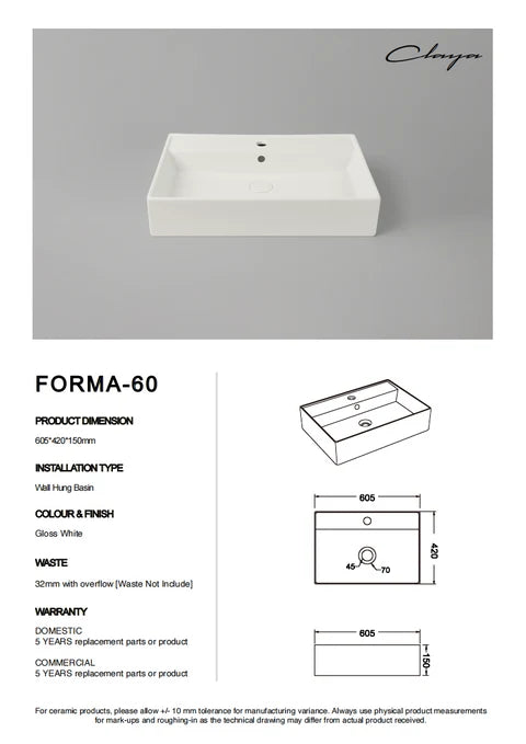 605*420*150mm Gloss White Wall Hung Basin (1 Tap Hole)