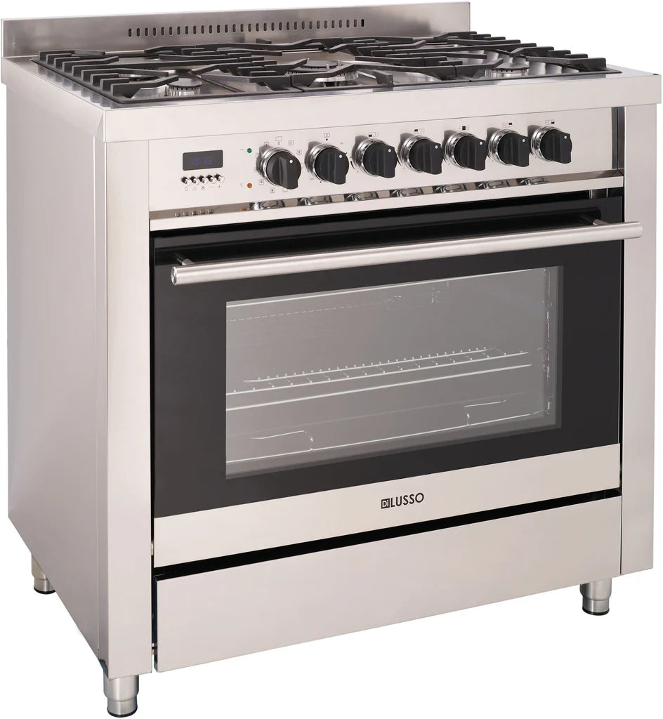 900mm Freestanding Dual Fuel Cooker - 10 Function Oven, 4 Telescopic Rails, 5 Gas Burners (Ctr Wok)