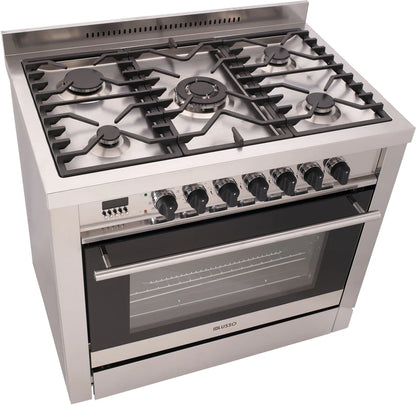 900mm Freestanding Dual Fuel Cooker - 10 Function Oven, 5 Gas Burners (Side Wok), SS knobs