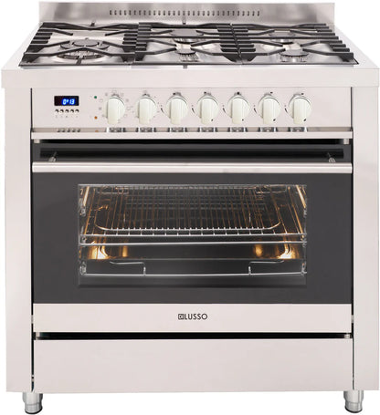 900mm Freestanding Dual Fuel Cooker - 10 Function Oven, 5 Gas Burners (Side Wok), SS knobs