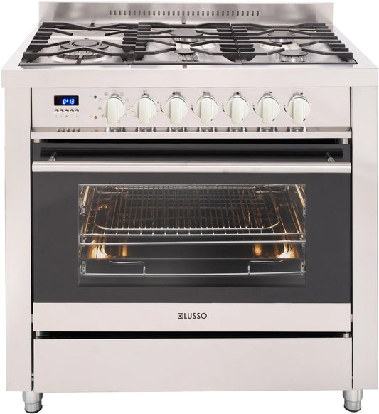 900mm Freestanding Dual Fuel Cooker - 10 Function Oven, 5 Gas Burners (Side Wok), SS knobs