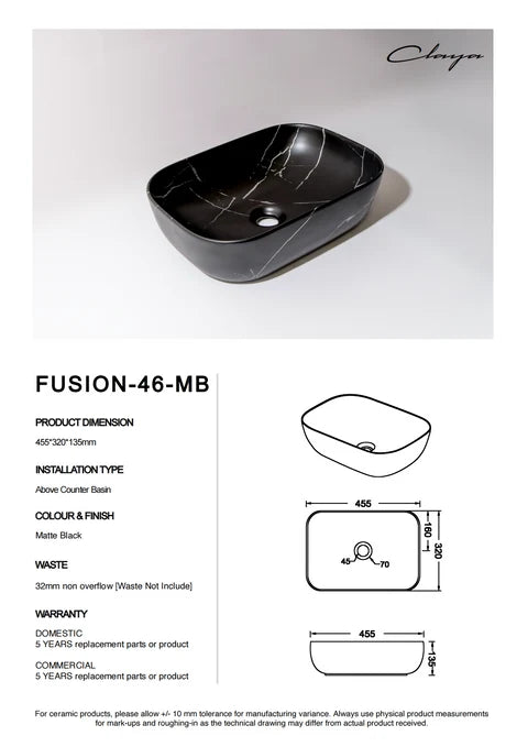 455*320*135mm Matte Black with Carrara Design Above Counter Basin