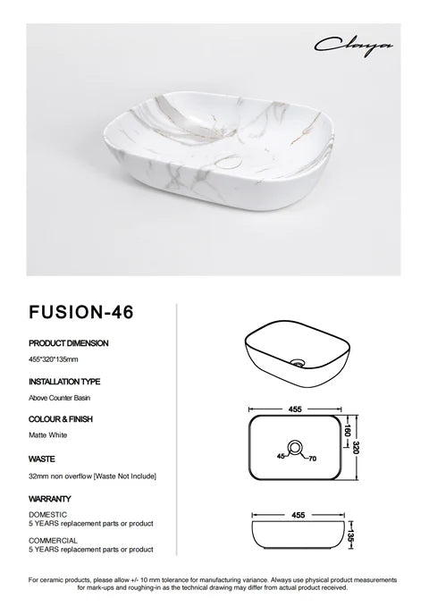 455*320*135mm Matte White with Carrara Design Above Counter Basin