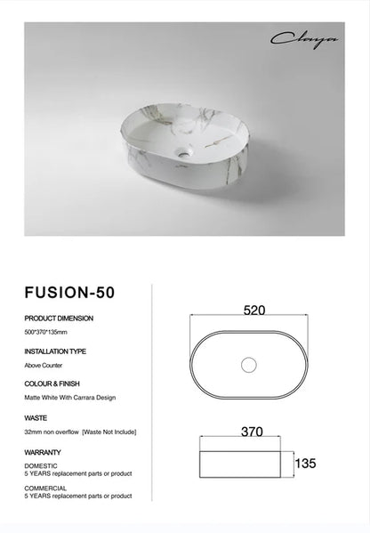 520*370*135mm Matte White with Carrara Design Above Counter Basin