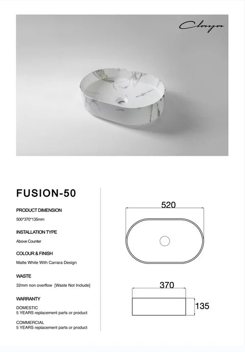 520*370*135mm Matte White with Carrara Design Above Counter Basin