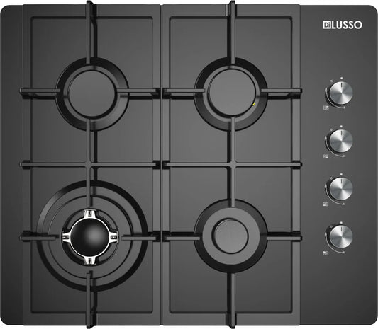 600mm Black Glass Gas Cooktop - 4 Sabaf Burners incl. Wok burner, FFD, Cast Iron Trivets