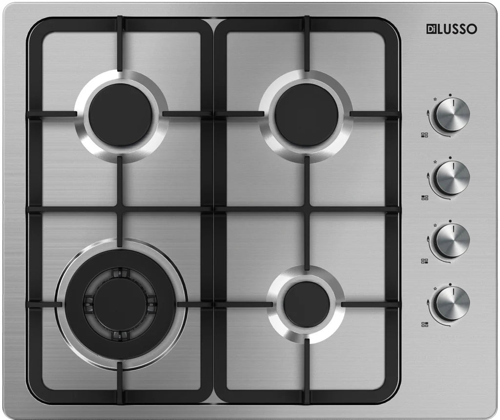 600mm SS Gas Cooktop - 4 Sabaf Burners incl. Wok burner, FFD, Cast Iron Trivets