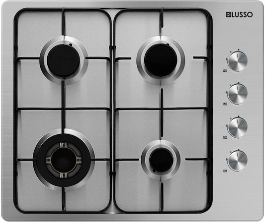 600mm SS Gas Cooktop - 4 Sabaf Burners incl. Wok burner, FFD, Black Enamelled Trivets