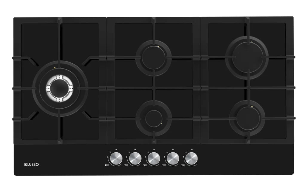 900mm Black Glass Gas Cooktop - 5 Sabaf Burners incl. Side Wok burner, FFD, Cast Iron Trivets NEW