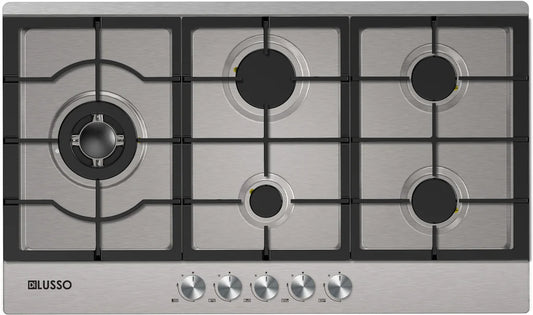 900mm SS Gas Cooktop - 5 Sabaf Burners incl. Side Wok burner, FFD, Cast Iron Trivets Limited stock
