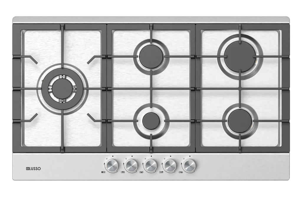 900mm SS Gas Cooktop - 5 Sabaf Burners incl. Side Wok burner, FFD, Cast Iron Trivets NEW