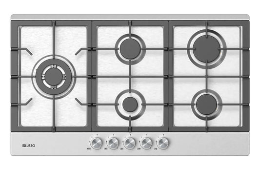 900mm SS Gas Cooktop - 5 Sabaf Burners incl. Side Wok burner, FFD, Cast Iron Trivets NEW