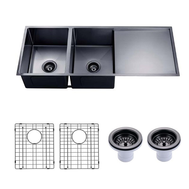 (C-1160 Black)Round Corner Stainless Steel Gun Metal Grey PVD Coating Double Bowl with Drain Board Kitchen Sink(with Bottom Grid) 1160*460*230mm