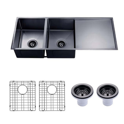 (C-1160 Black)Round Corner Stainless Steel Gun Metal Grey PVD Coating Double Bowl with Drain Board Kitchen Sink(with Bottom Grid) 1160*460*230mm