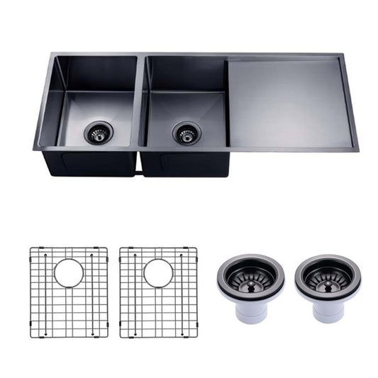 (C-1160 Black)Round Corner Stainless Steel Gun Metal Grey PVD Coating Double Bowl with Drain Board Kitchen Sink(with Bottom Grid) 1160*460*230mm