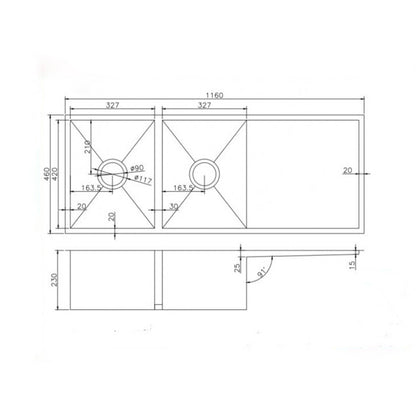 (C-1160 Black)Round Corner Stainless Steel Gun Metal Grey PVD Coating Double Bowl with Drain Board Kitchen Sink(with Bottom Grid) 1160*460*230mm