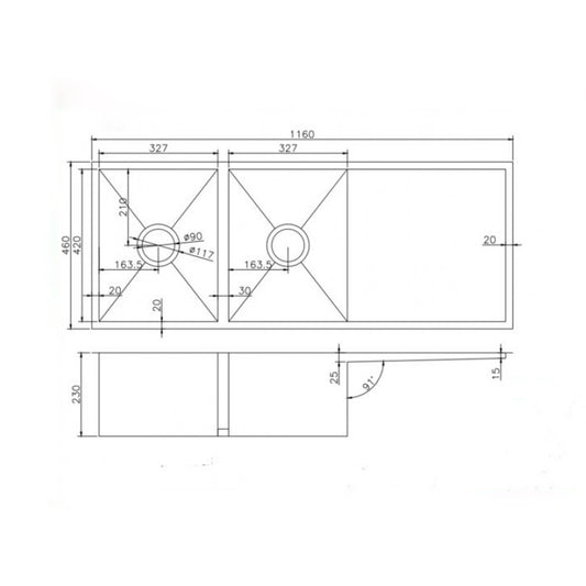 (C-1160 Black)Round Corner Stainless Steel Gun Metal Grey PVD Coating Double Bowl with Drain Board Kitchen Sink(with Bottom Grid) 1160*460*230mm