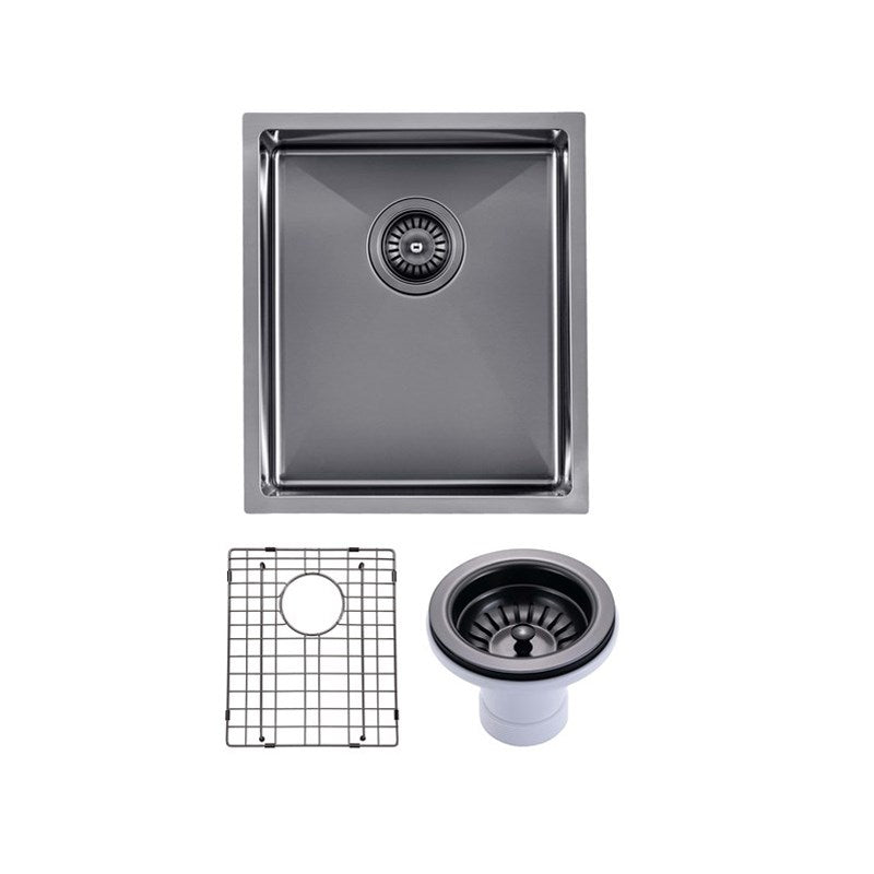 (C-390 Black)Round Corner Stainless Steel Gun Metal Grey PVD Coating Single Bowl Kitchen Sink(with Bottom Grid) 390*450*215mm