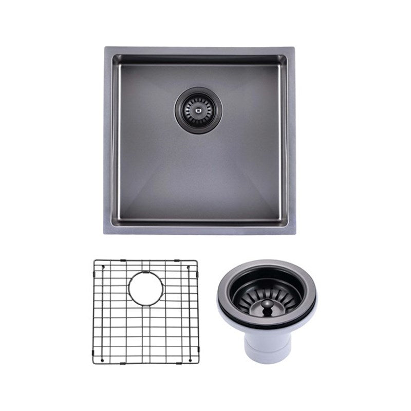 (C-440 Black)Round Corner Stainless Steel Gun Metal Grey PVD Coating Single Bowl Kitchen Sink(with Bottom Grid) 440*440*205mm
