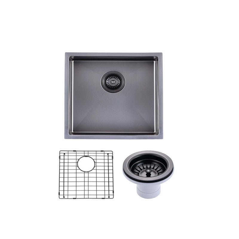 (C-440 Black)Round Corner Stainless Steel Gun Metal Grey PVD Coating Single Bowl Kitchen Sink(with Bottom Grid) 440*440*205mm