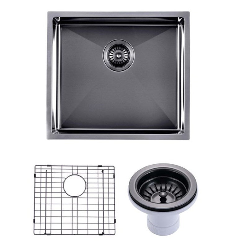 (C-500 Black)Round Corner Stainless Steel Gun Metal Grey PVD Coating Single Bowl Kitchen Sink(with Bottom Grid) 500*440*230mm