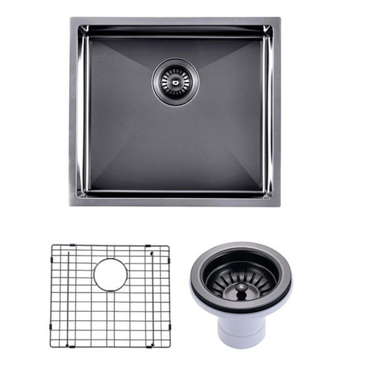 (C-500 Black)Round Corner Stainless Steel Gun Metal Grey PVD Coating Single Bowl Kitchen Sink(with Bottom Grid) 500*440*230mm