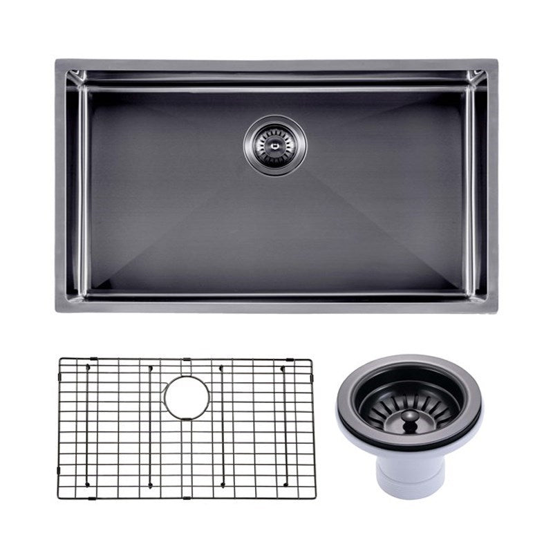 (C-762 Black)Round Corner Stainless Steel Gun Metal Grey PVD Coating Single Bowl Kitchen Sink(with Bottom Grid) 762*457*254mm