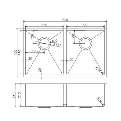 (C-770 Black)Round Corner Stainless Steel Gun Metal Grey PVD Coating Double Bowl Kitchen Sink(with Bottom Grid) 770*450*215mm