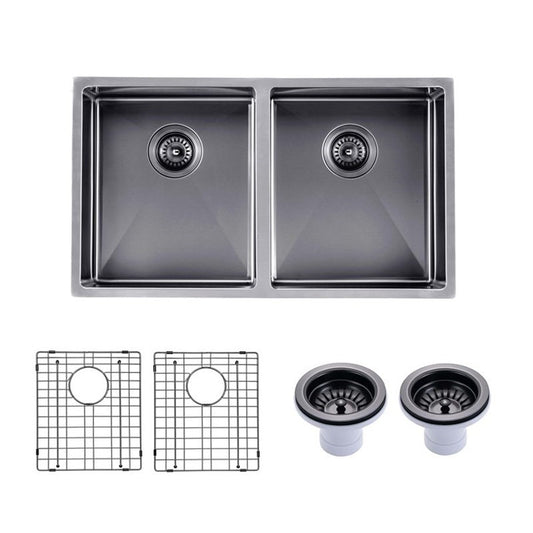 (C-770 Black)Round Corner Stainless Steel Gun Metal Grey PVD Coating Double Bowl Kitchen Sink(with Bottom Grid) 770*450*215mm