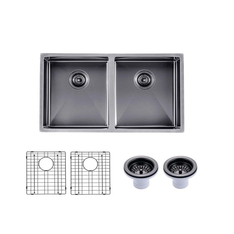 (C-820 Black)Round Corner Stainless Steel Gun Metal Grey PVD Coating Double Bowl Kitchen Sink(with Bottom Grid) 820*457*230mm
