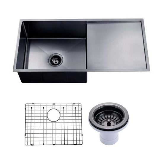 (C-960 Black)Round Corner Stainless Steel Gun Metal Grey PVD Coating Single Bowl with Drain Board Kitchen Sink(with Bottom Grid) 960*450*230mm