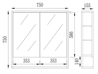 750mmx750mm PVC Shaving Cabinet With Shelf - Prime Oak