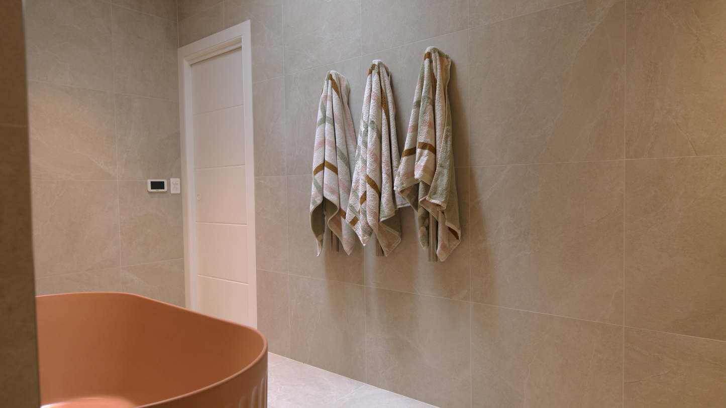 Allegra 12V Round Bar Vertical Heated Towel Rail with T-Bar - Brushed Nickel