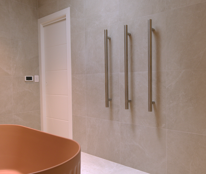 Allegra 12V Round Bar Vertical Heated Towel Rail with T-Bar - Brushed Nickel