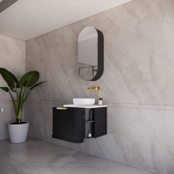 600mm *Matt Black plywood              * Big curved edge shaker style                       *1 tier  1 Drawer                      * Wall Hung