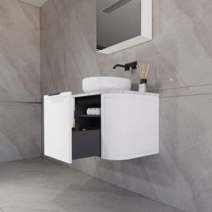 750mm *Matt white plywood              * Big curved edge shaker style                       *1 tier  1 big Drawer   2 side drawers                   * Wall Hung
