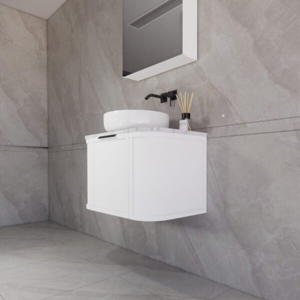 750mm *Matt white plywood              * Big curved edge shaker style                       *1 tier  1 big Drawer   2 side drawers                   * Wall Hung