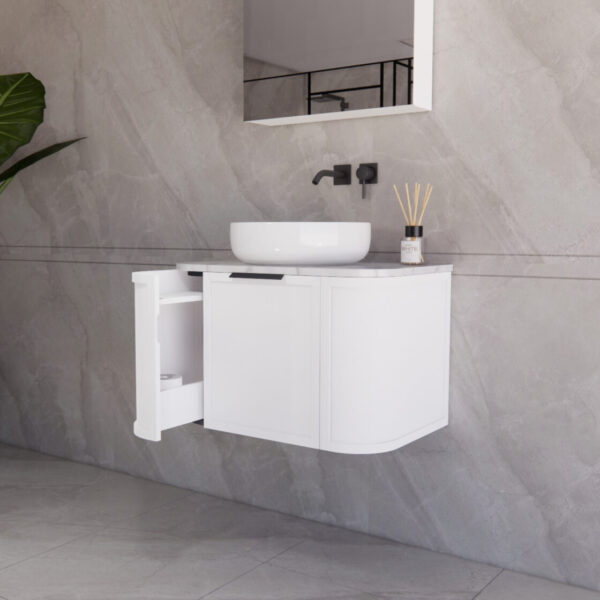 750mm *Matt white plywood              * Big curved edge shaker style                       *1 tier  1 big Drawer   2 side drawers                   * Wall Hung
