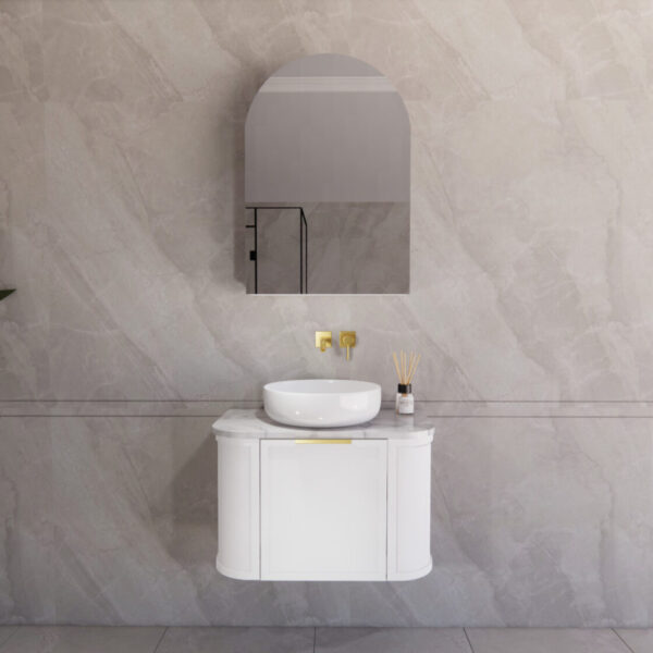 750mm *Matt white plywood              * Big curved edge shaker style                       *1 tier  1 big Drawer   2 side drawers                   * Wall Hung