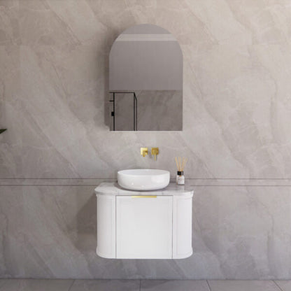 750mm *Matt white plywood              * Big curved edge shaker style                       *1 tier  1 big Drawer   2 side drawers                   * Wall Hung